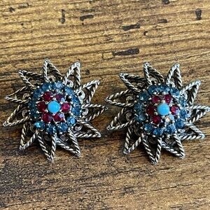 BSK Signed Clip Earrings Blue & Red Rhinestones Star Silver Tone Vintage